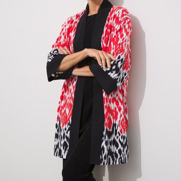 Chico's | Travelers Collection S/M Orange Black Ikat Print Open Layering Kimono - Picture 1 of 11